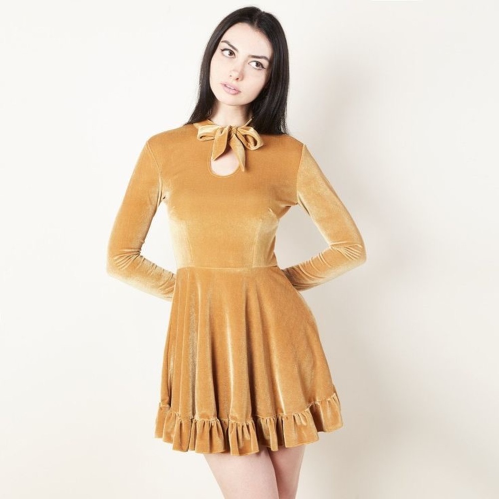 Valfre Alicia Neck Bow Dress in Gold Velvet